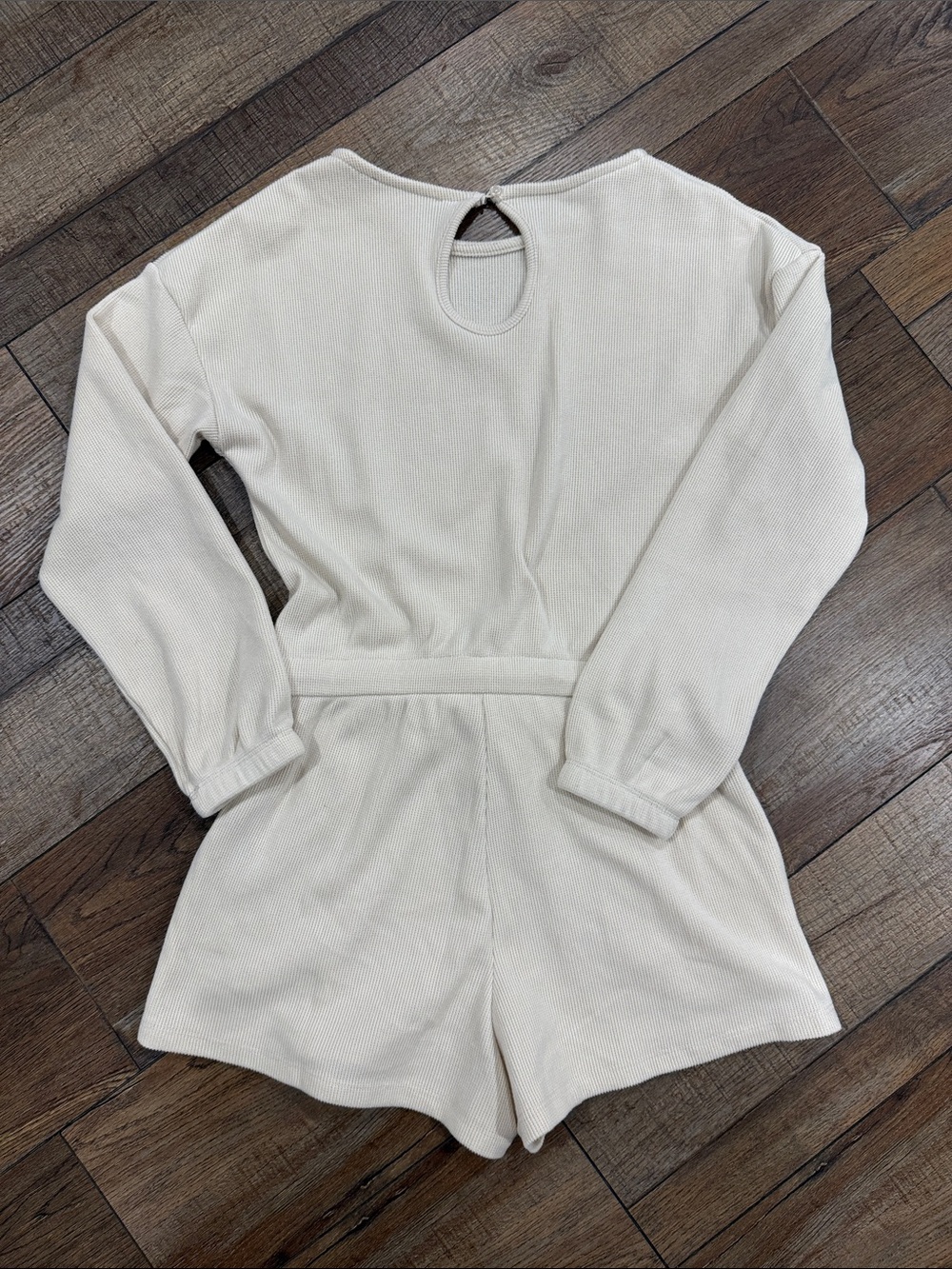 Madden Girl Cream Ribbed Long-Sleeve Knit Romper with Tie Waist - Picture 2 of 2